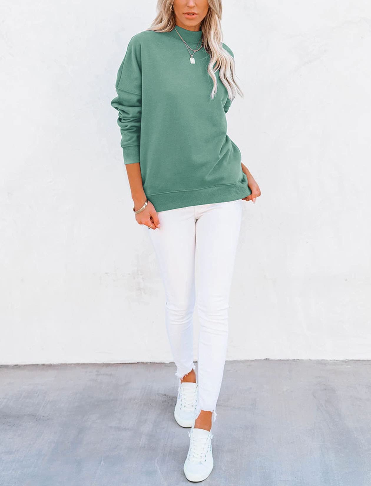 Minclouse Women's Casual Long sleeves Sweatshirt Tops Basic Loose Fit Mock Turtleneck Lightweight Tunic Pullover With Pocket (Mint,Large,Adult,Female,US,Alpha,Large,Regular,Regular)