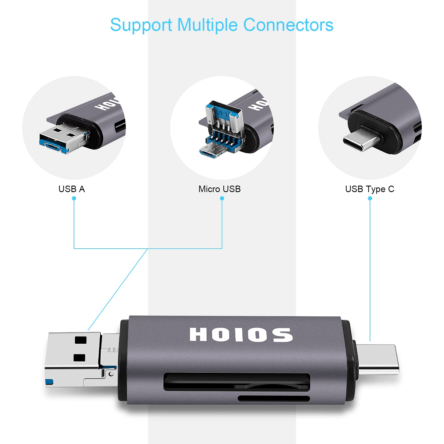 SD Card Reader USB-C,3-in-1 Memory Card Reader with Tri-Connectors, USB 3.0 Card Reader Adapter for SDXC,Micro SDXC,Compatible with Windows,Mac OS,Linux, Android,Silver Gray