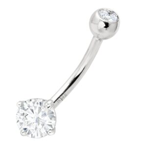 0.57ctw Moissanite Solid 14Kt White Gold Belly Ring, 14G Belly Button Barbell, Navel Piercing Jewelry, 14Kt Gold Body Jewelry - 14KBR02-MNT-WG