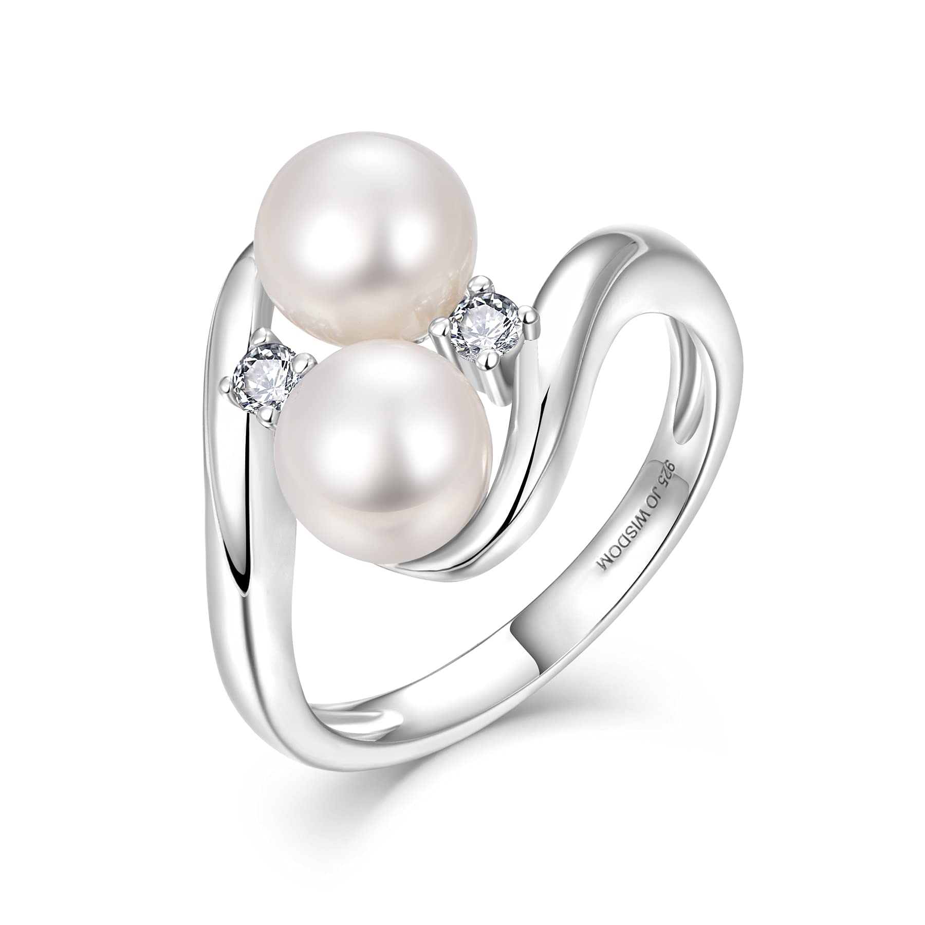 JO WISDOM Pearl Ring,925 Sterling Silver Cubic Zirconia Women's Rings with Two Pearls 7mm White Freshwater Cultured Pearl Ring size 7