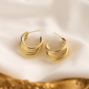 SWEETV Chunky Gold Hoop Earrings 20mm Thick for Women Triple Hoops Sterling Silver Open Earring