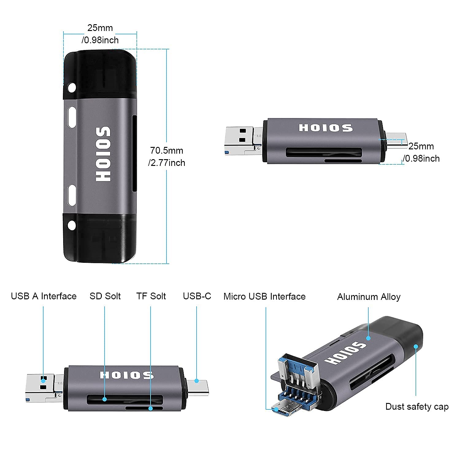 SD Card Reader USB-C,3-in-1 Memory Card Reader with Tri-Connectors, USB 3.0 Card Reader Adapter for SDXC,Micro SDXC,Compatible with Windows,Mac OS,Linux, Android,Silver Gray