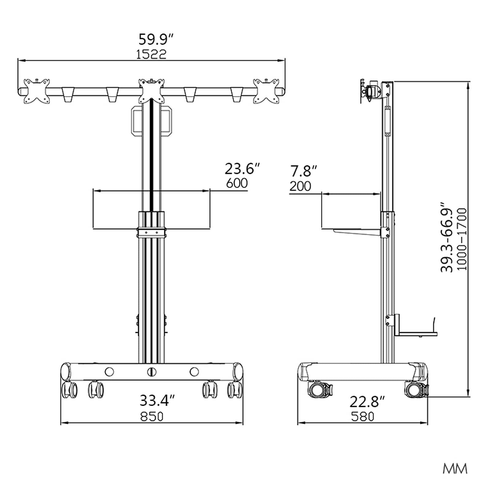 Monitor Arms & Monitor Stands Triple Monitor Mobile Cart Floor-standing Monitor Stand with Keyboard and Host Bracket Adjustable Monitor Stand Mount, Each Arm Holds Up to 22 Lbs Adjustable Arms Monitor