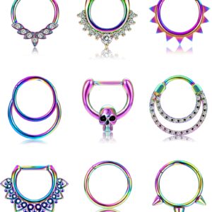 REVOLIA 9Pcs 16G Stainless Steel Septum Rings Clicker Ring Hoop Nose Ring Cartilage Helix Daith Tragus Earring Hinged Piercing C