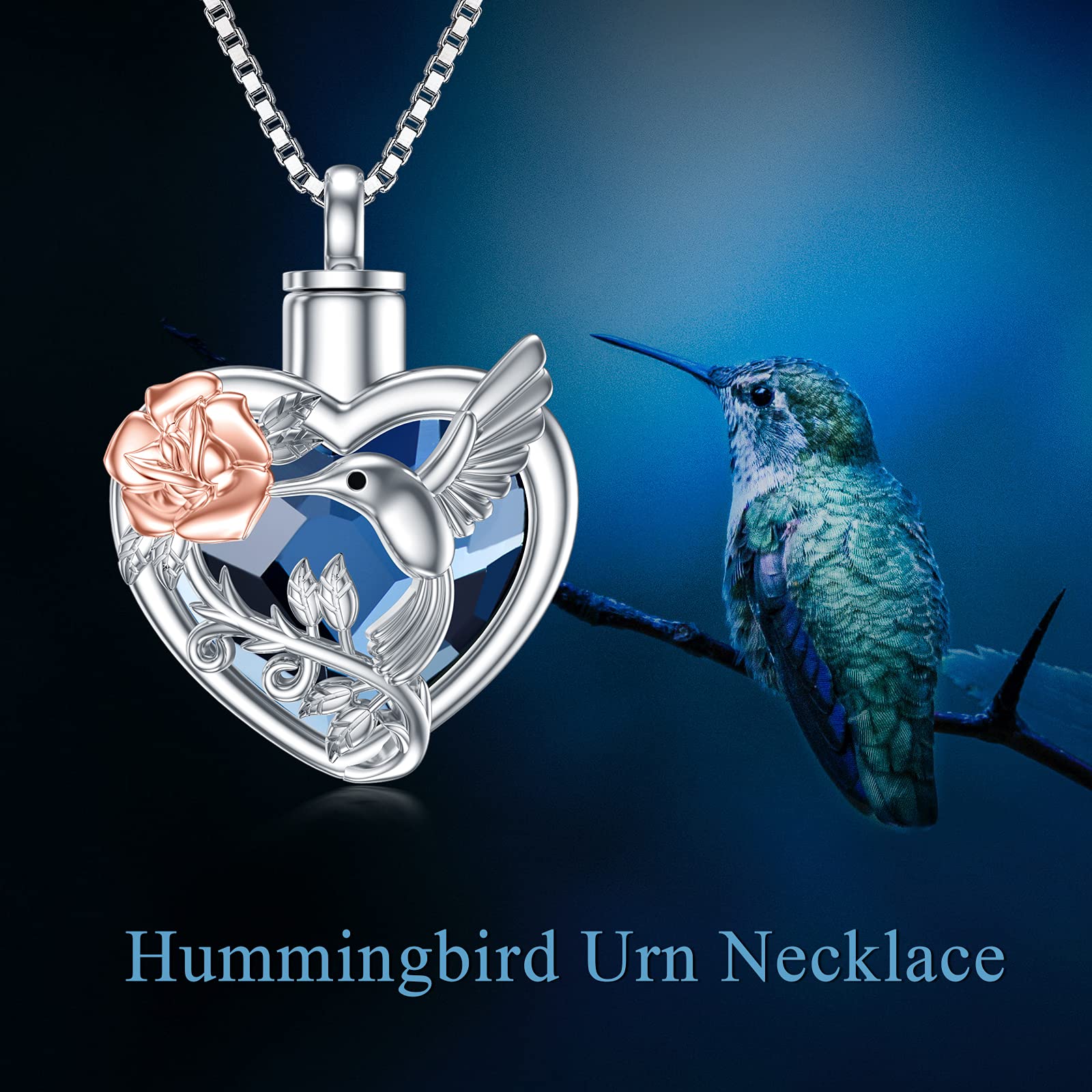 TOUPOP Hummingbird Urn Necklace for Ashes Sterling Silver with Blue Heart Crystal Cremation Jewelry w/Funnel Filler Memory Jewelry for Women