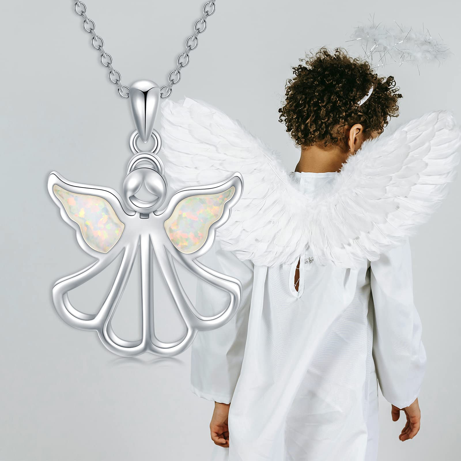 MEIDERBO Guardian Angel Necklace 925 Sterling Silver Opal Angel Wing Pendant Necklace Angel Jewelry Gifts for Women