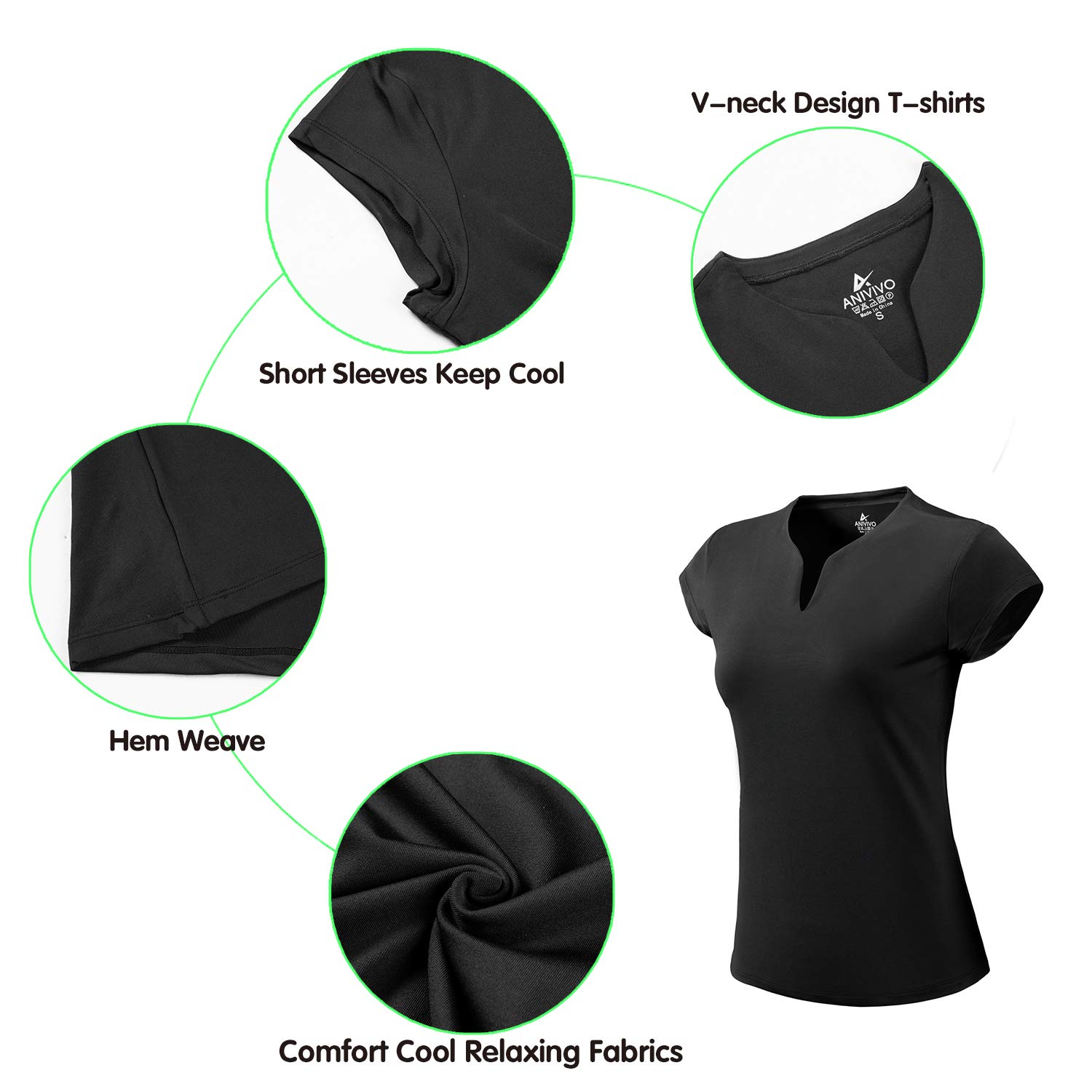 Tennis Shirts for Women Short Sleeves, Solid Golf T Shirts V-Neck Running Shirts(Black,M)