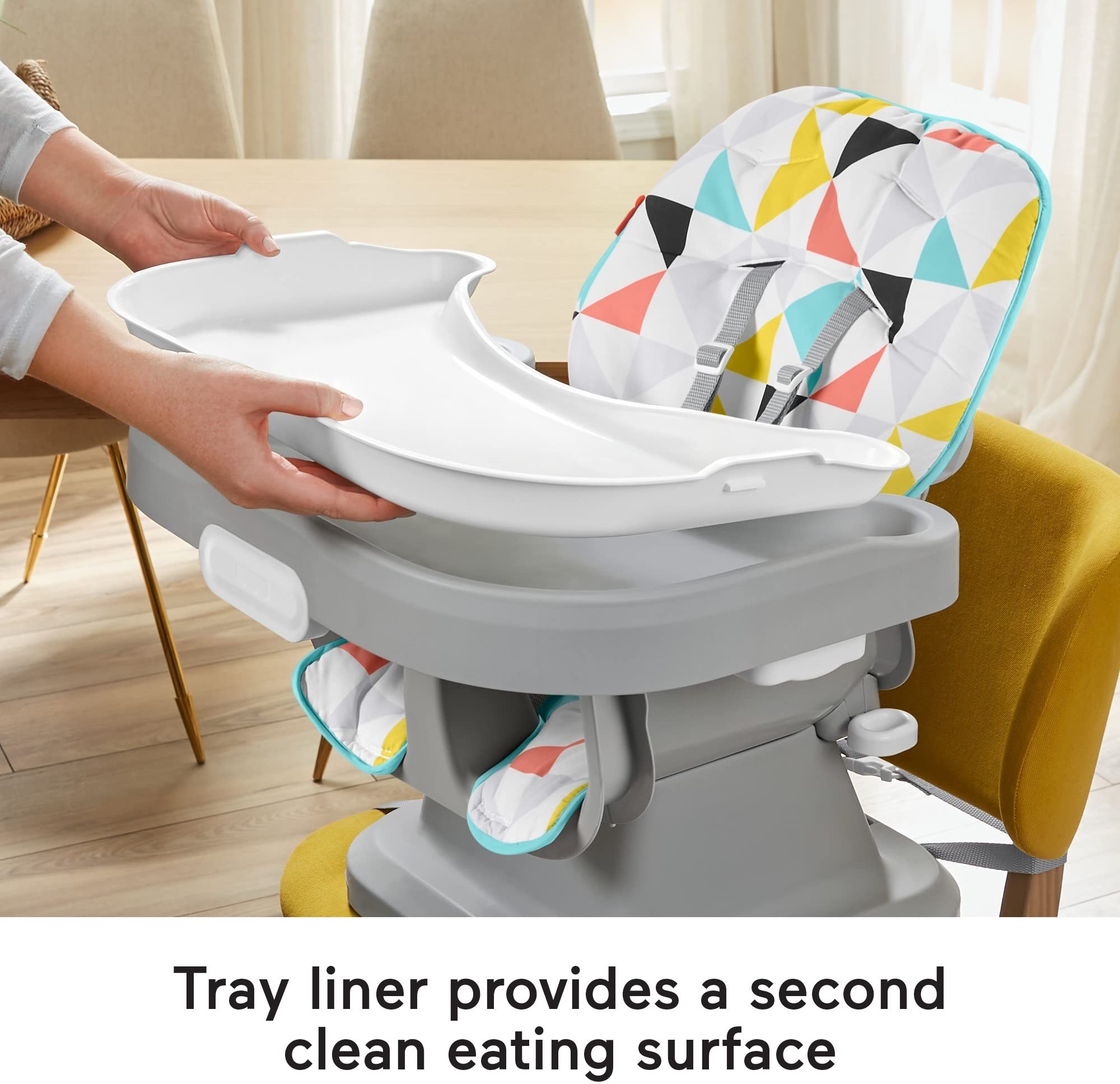 Fisher-Price SpaceSaver Simple Clean High Chair Baby to Toddler Portable Dining Seat with Removable Tray Liner, Windmill