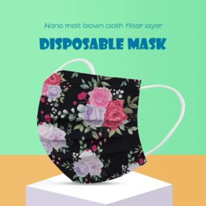 FOLOU 50PC Summer Flower Disposable Face_Masks with Designs, 3-Ply Floral Breathable Face_Mask with Nose Wire, Protective with Printed Design for Adults Holiday Party (Floral-D),50 Count (Pack of 1)