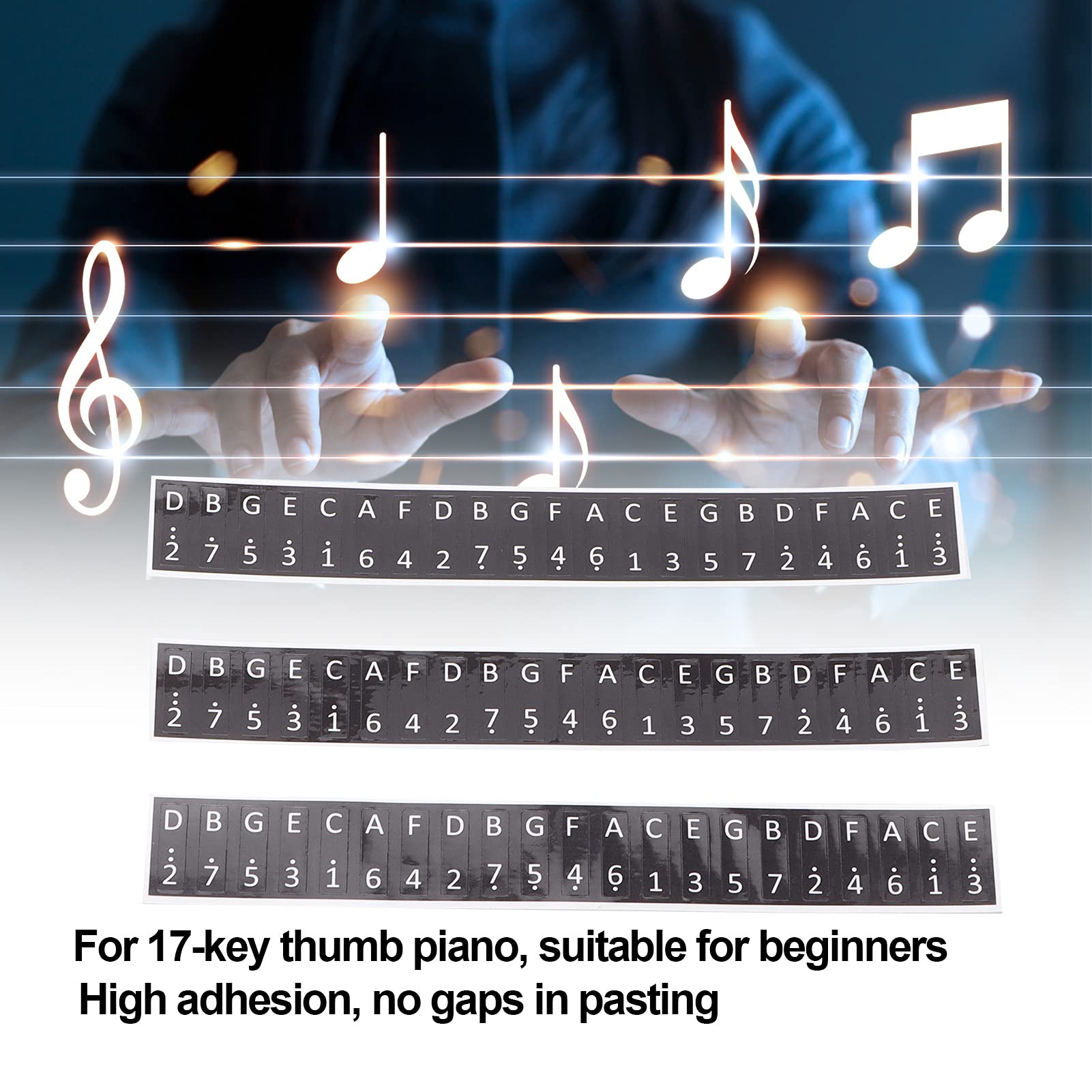 17 Key Thumb Piano Stickers 3Pcs Keys Stickers Staff Labels Button Musical Note Decoration for Beginners and Kids(black)