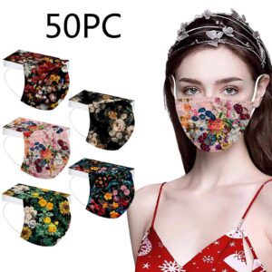 FOLOU 50PC Summer Flower Disposable Face_Masks with Designs, 3-Ply Floral Breathable Face_Mask with Nose Wire, Protective with Printed Design for Adults Holiday Party (Floral-D),50 Count (Pack of 1)