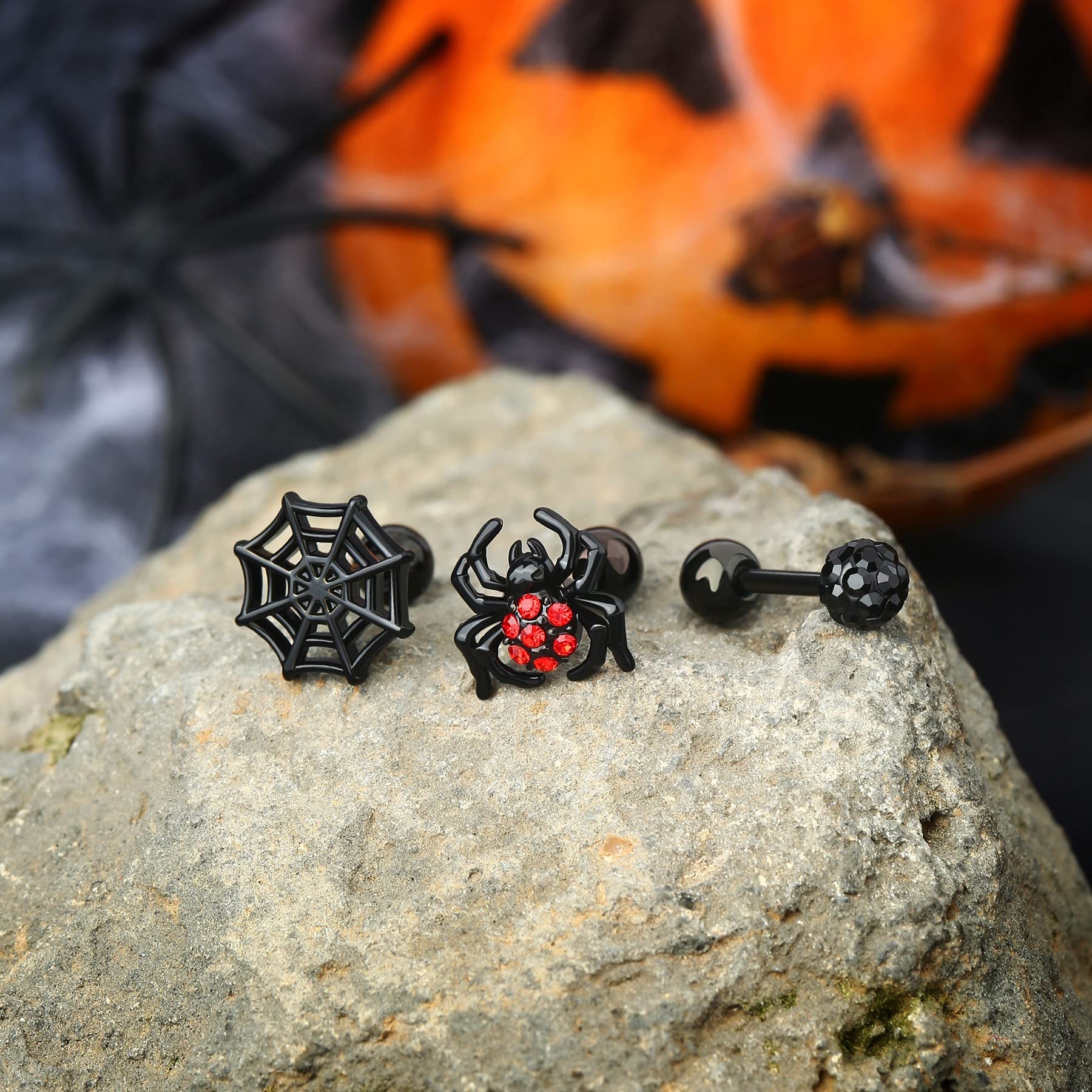 OUFER 3PCS Helix Earrings Spider Halloween Cartilage Tragus Set Spider Web Conch Piercing Jewelry Black Red Gem Tragus Studs