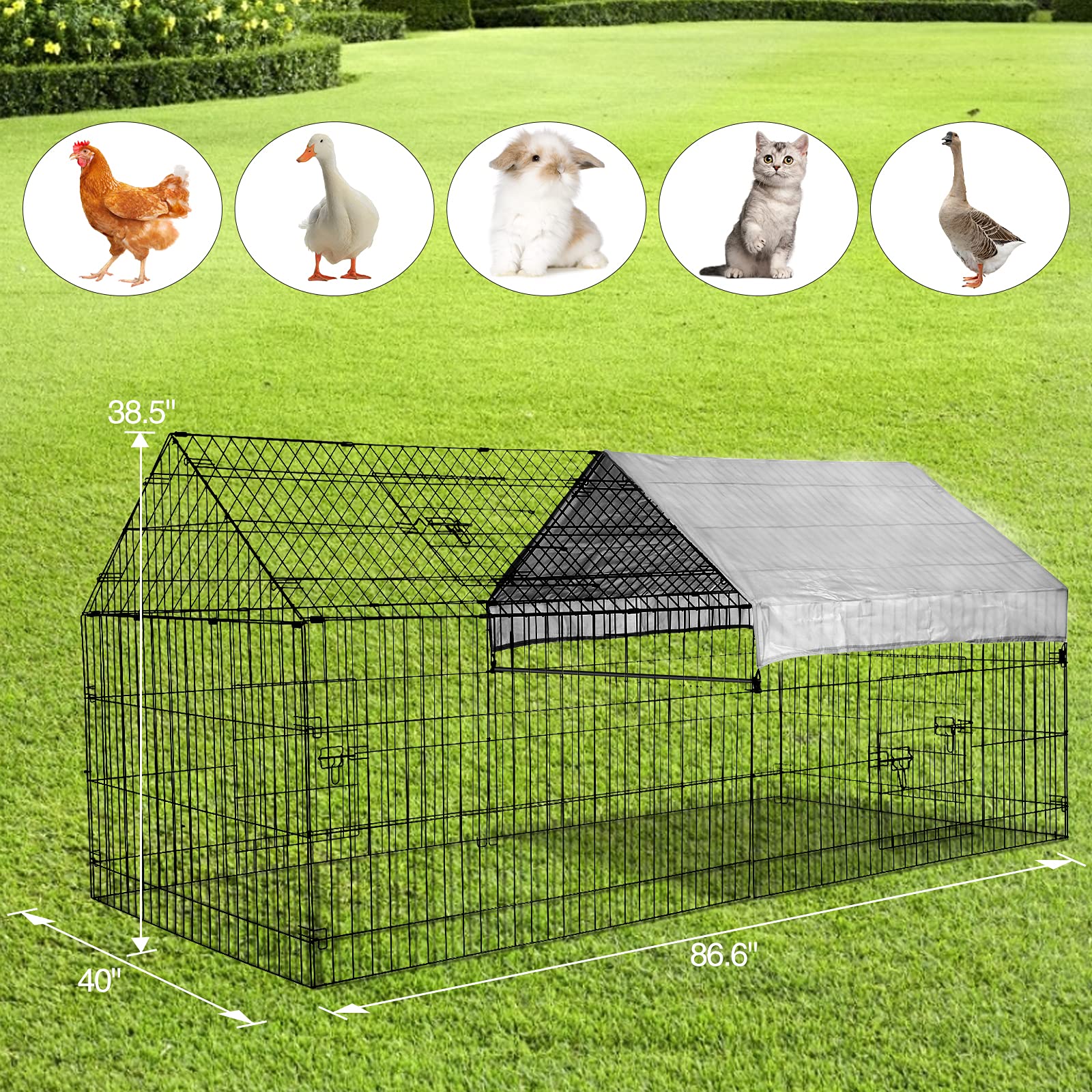 Chicken Coop Run Cage Upgrade 86.6"×40"×38" Metal Chicken Fence Pen Pet Playpen Enclosures with Protection Cover&Ground Nail,Cage Indoor Outdoor Yard for Small Animals Cat Hen Duck Rabbit