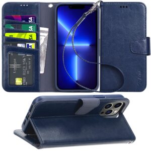 arae compatible with iphone 13 pro max case wallet flip cover with card holder and wrist strap for iphone 13 pro max 6.7 inch-blue