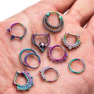 REVOLIA 9Pcs 16G Stainless Steel Septum Rings Clicker Ring Hoop Nose Ring Cartilage Helix Daith Tragus Earring Hinged Piercing C