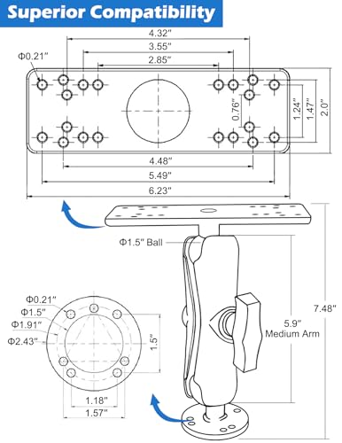 WINDFRD Aluminum Fish Finder Mount with 1.5" / C Size Ball, Medium Arm Marine Electronic/Depth Finder Mount for Boat, High Salt Water Resistant, Compatible with Garmin, Lowrance and More