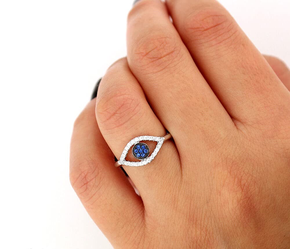 Sterling Silver 925 Evil Eye Ring, Blue & Clear CZ Stone Eye Ring (6)