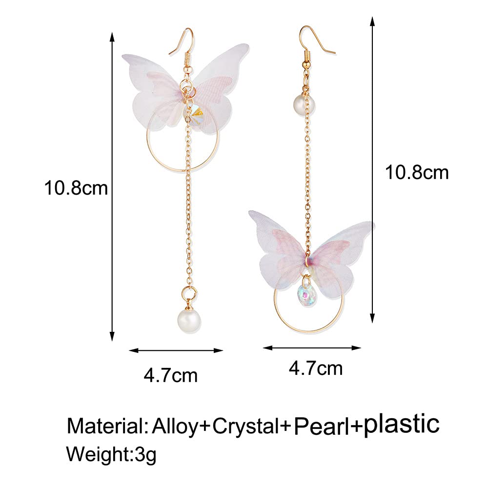 Long Butterfly Chain Tassel Drop Dangle Earrings for Women Asymmetric Butterfly Pearl Circle Pendants Earrings Colored Tulle Butterfly Wings Earrings (Butterfly-1)