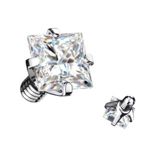 Pierced Owl 14 or 16GA G23 Implant Grade Titanium Prong Set Square Shaped CZ Crystal Internally Threaded Dermal Anchor Top (16GA (1.2mm))