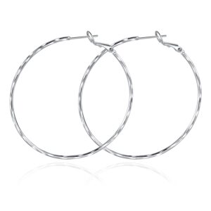 hoop earrings 925 sterling silver post for women 18k white gold plated lightweight hypoallergenic diamond cut textured round hoop earrings thin large hoops loop earrings size 50mm