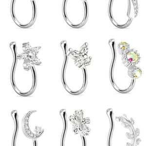 Barnabys Nose Cuffs Non Piercing. Pack of 9 Nose Cuffs - Silver With Rhinestones. 9 Stylish Designs to choose from - Nose Cuff Jewellery for Non Pierced Nose - Clip on Design - Silver