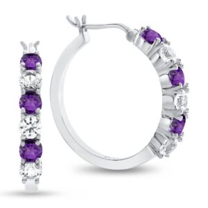 tirafina amethyst and lab-created white sapphire hoop earrings, alternating stones, birthstone jewelry, sterling silver (3mm stone)