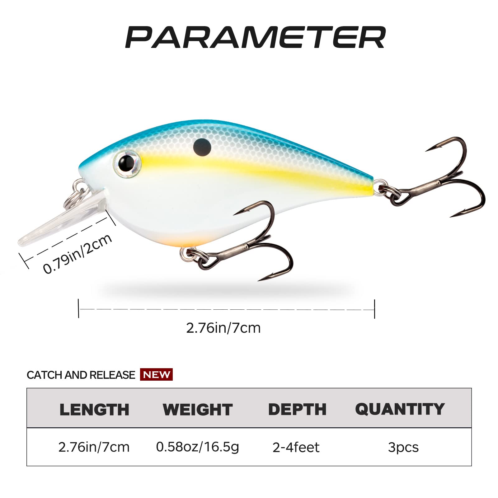 Basskiller 1pcs Square Bill Crankbait, Bass Fishing Lure, Floating Erratic Action Topwater Fishing Lures, 3D Eyes Fishing Gear Trout Lure with Sharp Hooks for Shallow Water, Freshwater, Saltwater