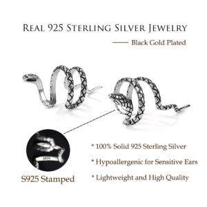 Reffeer Solid 925 Sterling Silver Snake Cuff Earrings Wraps for Women Snake Crawler Cuff Earrings No Piercing (A-Black Gold)