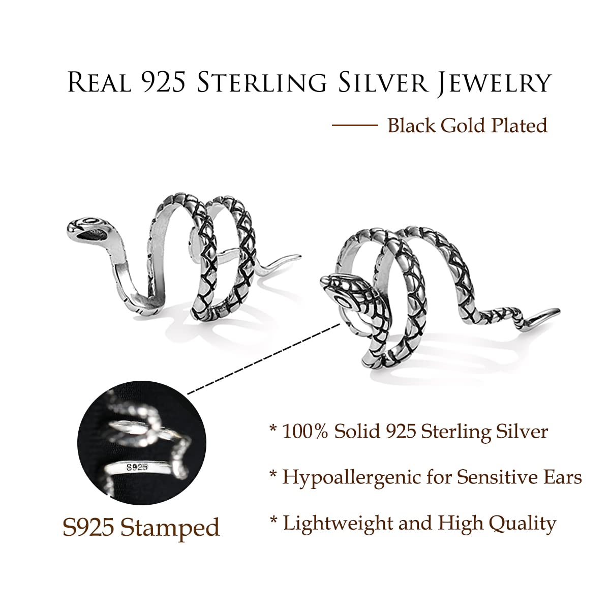 Reffeer Solid 925 Sterling Silver Snake Cuff Earrings Wraps for Women Snake Crawler Cuff Earrings No Piercing (A-Black Gold)