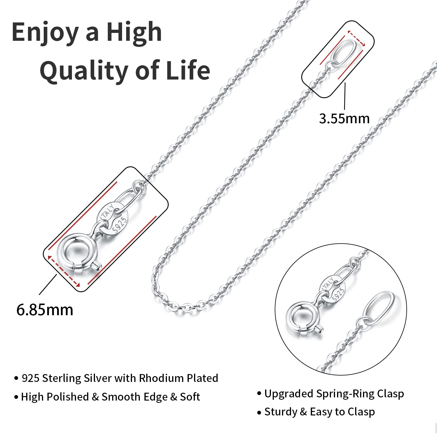 Jewlpire Solid 925 Sterling Silver Chain Necklace for Women, 1.3mm Round Cable Chain Silver Chain for Women Thin & Dainty & Sturdy Women's Chain Necklaces 16 inch