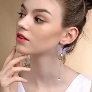 Long Butterfly Chain Tassel Drop Dangle Earrings for Women Asymmetric Butterfly Pearl Circle Pendants Earrings Colored Tulle Butterfly Wings Earrings (Butterfly-1)