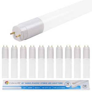 cleanlife 10-pack 4 foot led tube light - led replacement for fluorescent tubes - t8 led light bulbs - led shop light 4ft, replaces t8 fluorescent lamp, type a+b ballast compatible, dlc, 5-yr warranty