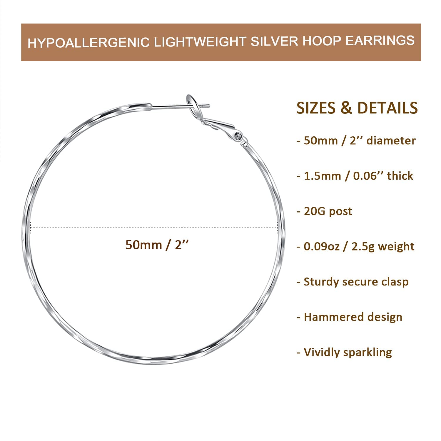 Hoop Earrings 925 Sterling Silver Post for Women 18K White Gold Plated Lightweight Hypoallergenic Diamond Cut Textured Round Hoop Earrings Thin Large Hoops Loop Earrings Size 50mm