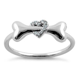 Sterling Silver 925 Dog Bone Ring Puppy Bone & CZ Heart Ring Pet Lover Jewelry (6)