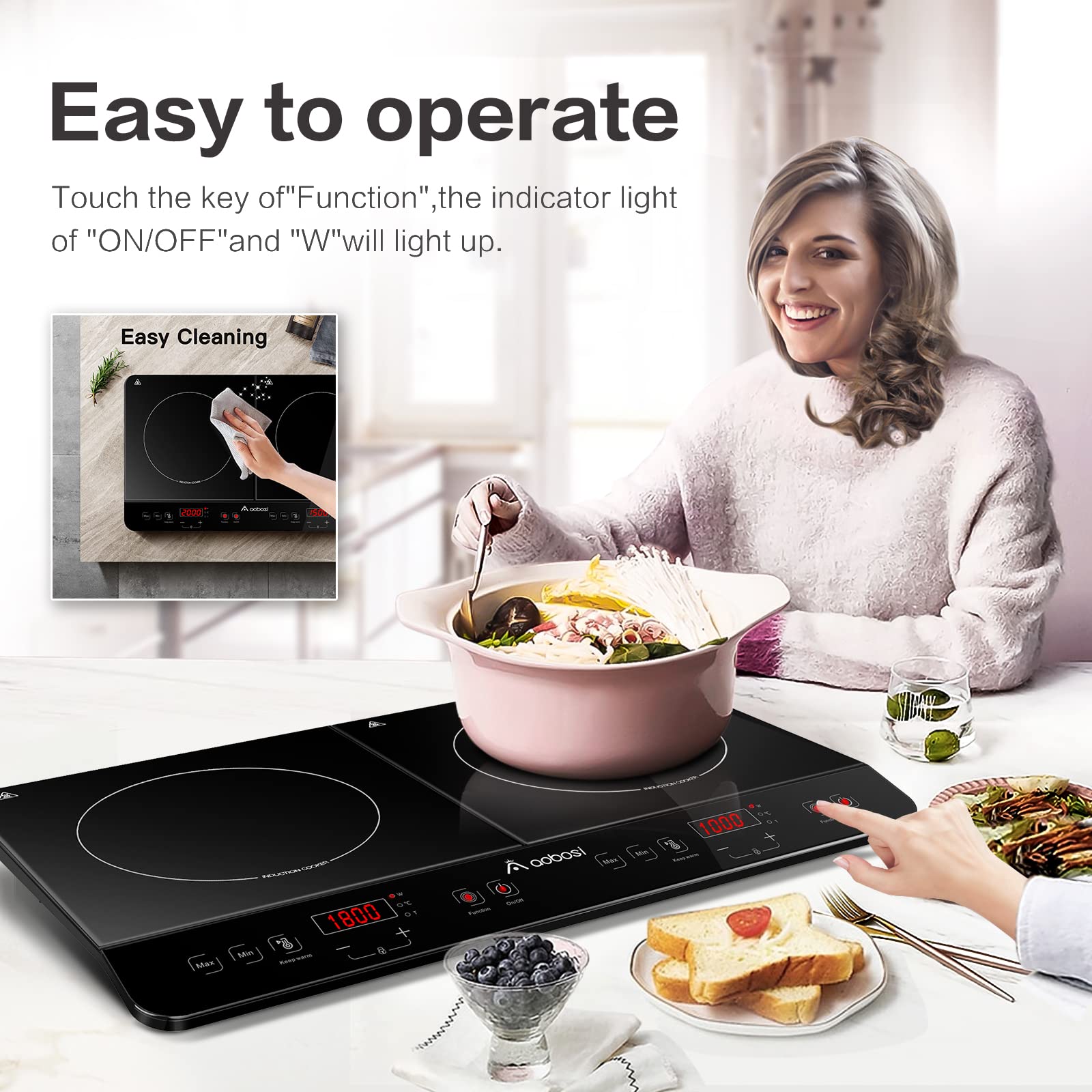 Aobosi Double Induction Cooktop Burner with 240 Mins Timer, 1800w 2 Induction Burner with 10 Temperature 9 Power Settings, Portable Induction Cooktop with Touch Sensor Control & Child Safety Lock