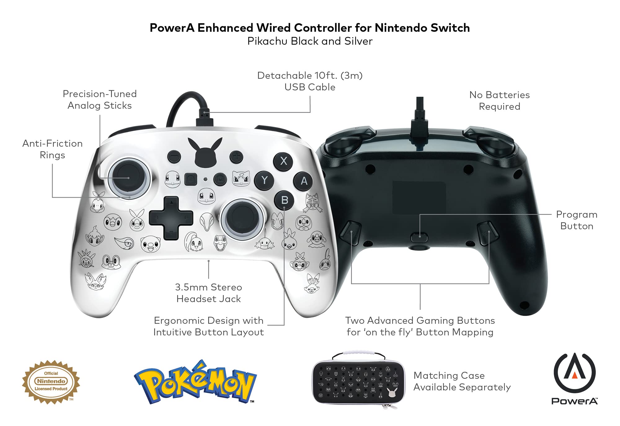 PowerA Enhanced Wired Controller for Nintendo Switch - Pikachu Black & Silver