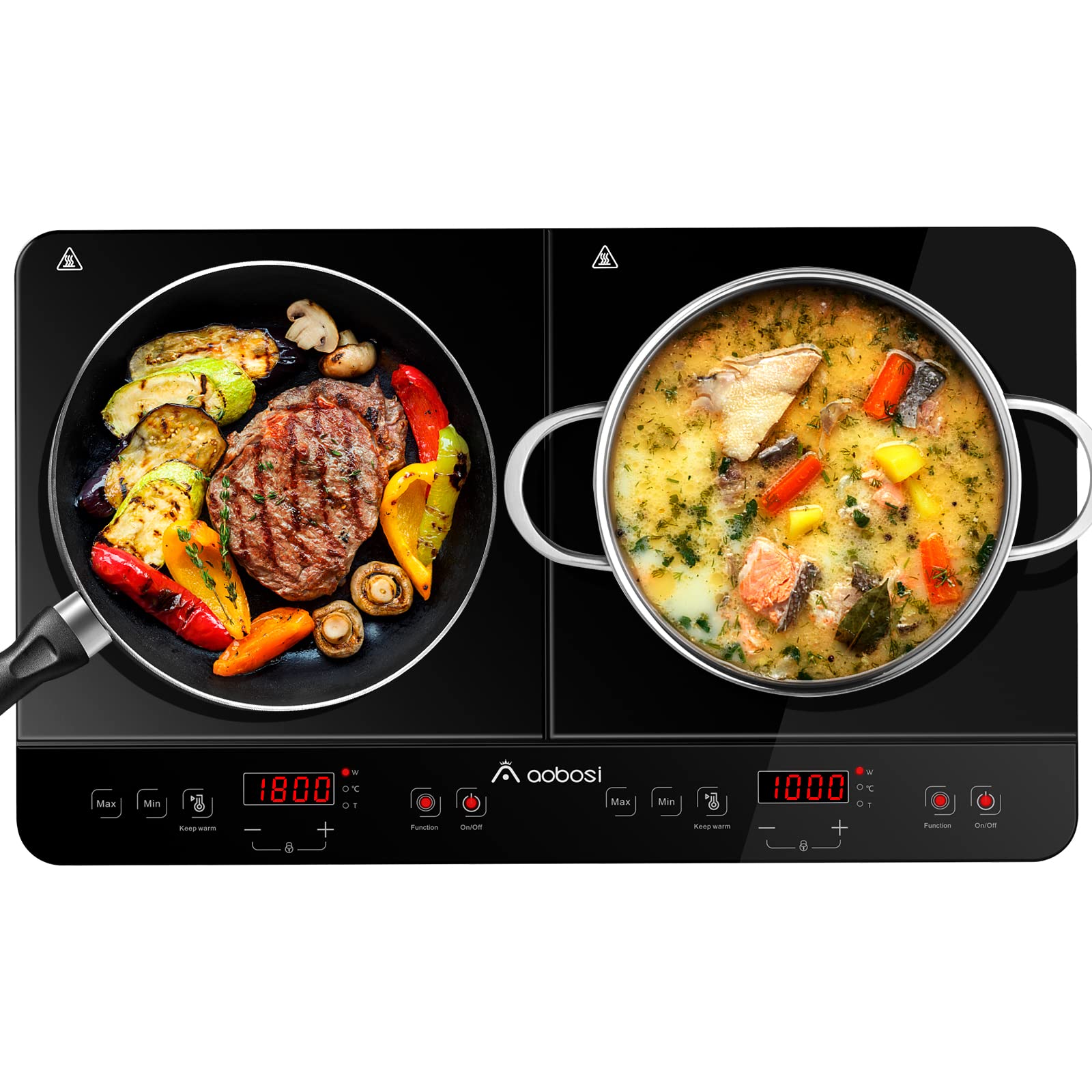 Aobosi Double Induction Cooktop Burner with 240 Mins Timer, 1800w 2 Induction Burner with 10 Temperature 9 Power Settings, Portable Induction Cooktop with Touch Sensor Control & Child Safety Lock