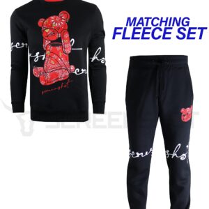 SCREENSHOT-F1122 Mens Urban Hip Hop Premium Fleece - Head Lifting Paisley Cartoon Teddy Bear Crew Neck Streetwear Sweatshirt-Black/Red-Large