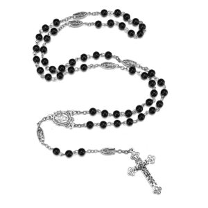 rnivida catholic black beads rosary virgin mary rosary necklace with jesus crucifix, miraculous mary medal rosary prayer gifts for women