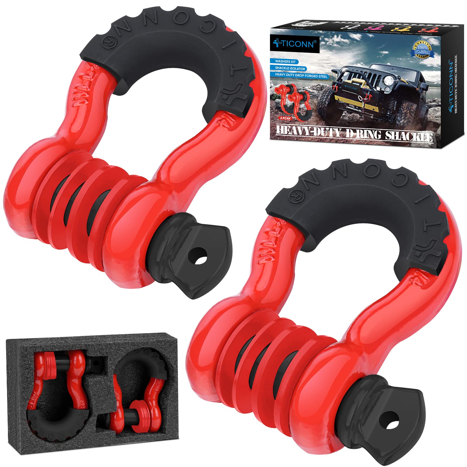 TICONN 2 Pack D Ring Shackle with 7/8" Screw Pin 57,000Ibs Break Strength, 3/4" Heavy Duty Shackles with Isolator & Washers for Tow Strap Winch Off Road Vehicle Recovery (Red/Black2)