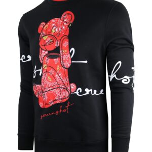 SCREENSHOT-F1122 Mens Urban Hip Hop Premium Fleece - Head Lifting Paisley Cartoon Teddy Bear Crew Neck Streetwear Sweatshirt-Black/Red-Large