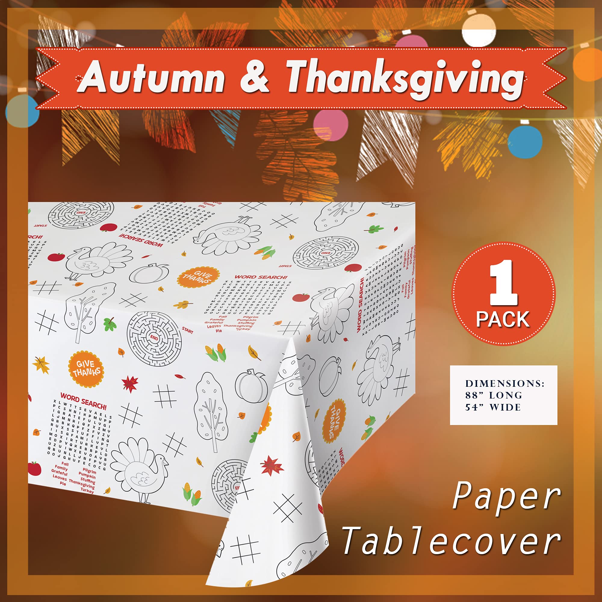 Creative Converting Thanksgiving Placemats and Table Cover Party Bundle | 8 Count Kids Coloring Activity Bundle for Table at Family Dinners