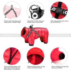 Didog Winter Small Dog Coats,Waterproof Jackets with Harness & D Rings,Warm Zip Up Cold Weather Coats for Puppy & Cats Walking Hiking,Red,Chest: 15"