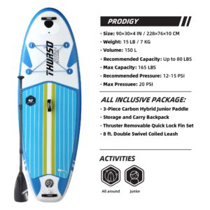 THURSO SURF Prodigy Junior Kids Inflatable SUP Stand Up Paddle Board 7'6 x 30'' x 4'' Two Layer Includes Adjustable Carbon Shaft Paddle/3 Fins/Leash/Duffle Bag/NO Pump Included (Azure)