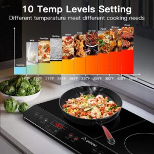 Aobosi Double Induction Cooktop Burner with 240 Mins Timer, 1800w 2 Induction Burner with 10 Temperature 9 Power Settings, Portable Induction Cooktop with Touch Sensor Control & Child Safety Lock