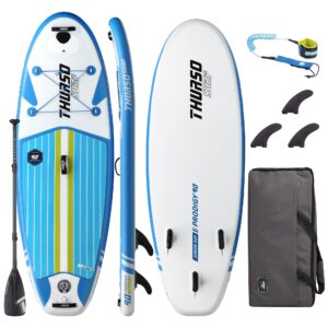 thurso surf prodigy junior kids inflatable sup stand up paddle board 7'6 x 30'' x 4'' two layer includes adjustable carbon shaft paddle/3 fins/leash/duffle bag/no pump included (azure)