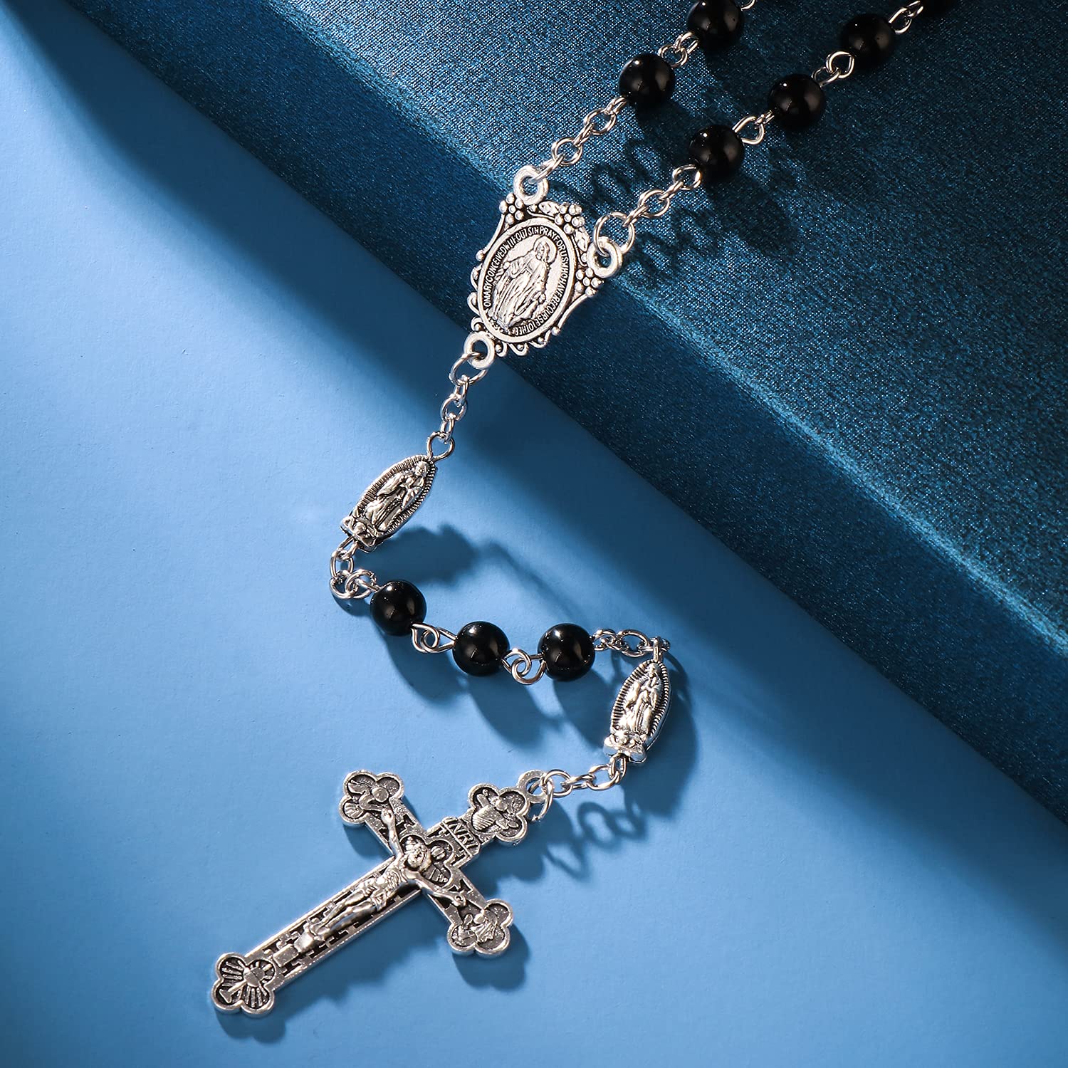 Rnivida Catholic Black Beads Rosary Virgin Mary Rosary Necklace with Jesus Crucifix, Miraculous Mary Medal Rosary Prayer Gifts for Women