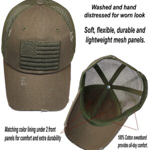 Antourage American Flag Unconstructed Hat for Men and Women Twill Mesh Snapback Baseball USA Flag Cap + 2 Patriotic Patches ((02) Olive Distressed Mesh Snapback)