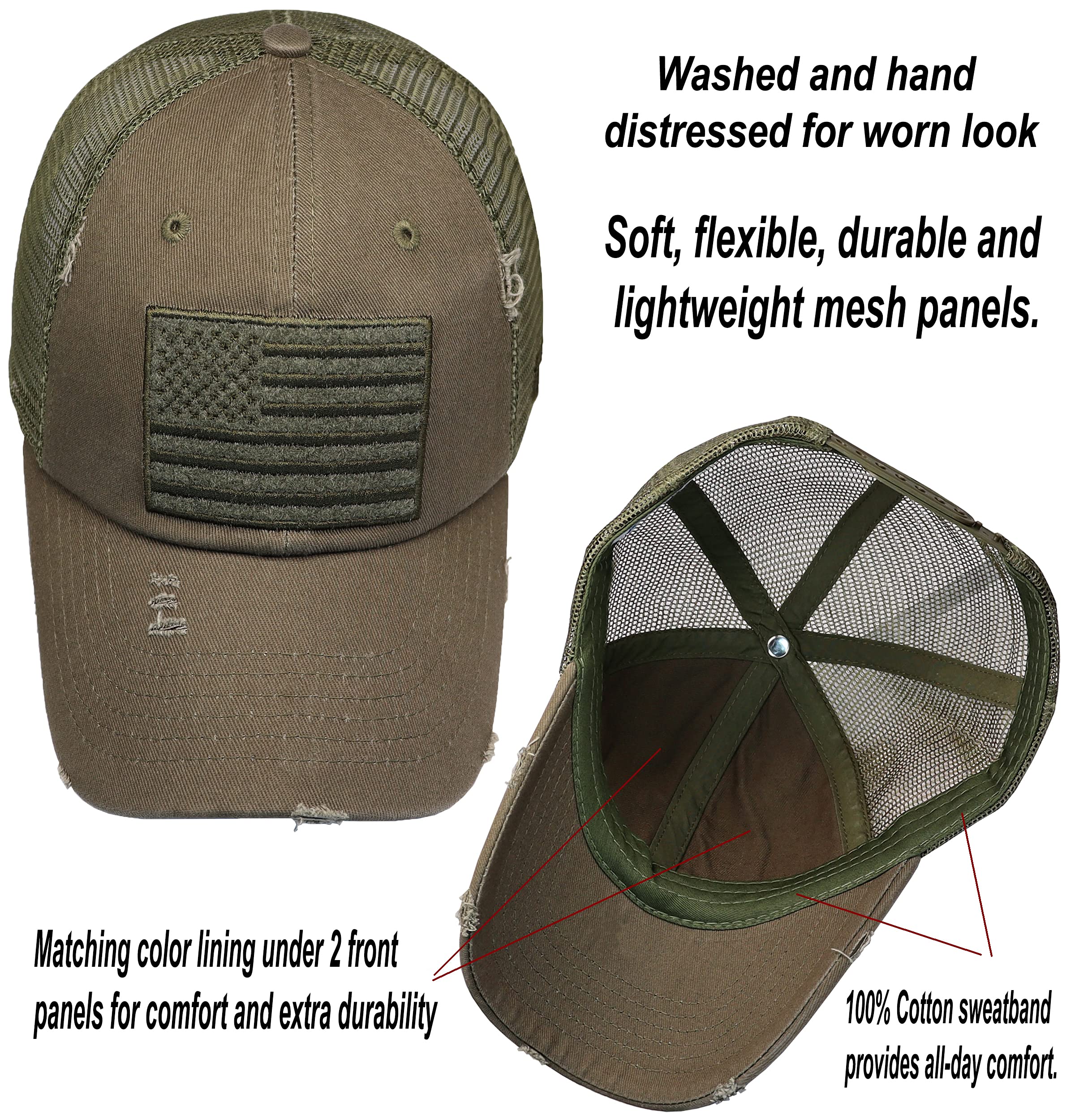 Antourage American Flag Unconstructed Hat for Men and Women Twill Mesh Snapback Baseball USA Flag Cap + 2 Patriotic Patches ((02) Olive Distressed Mesh Snapback)