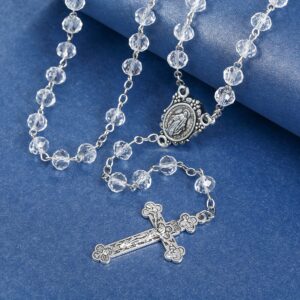 Catholic Rosary Clear Crystal Beads Rosary Necklace with Miraculous Medal Cross Crucifix Rosaries Communion Rosary for Women